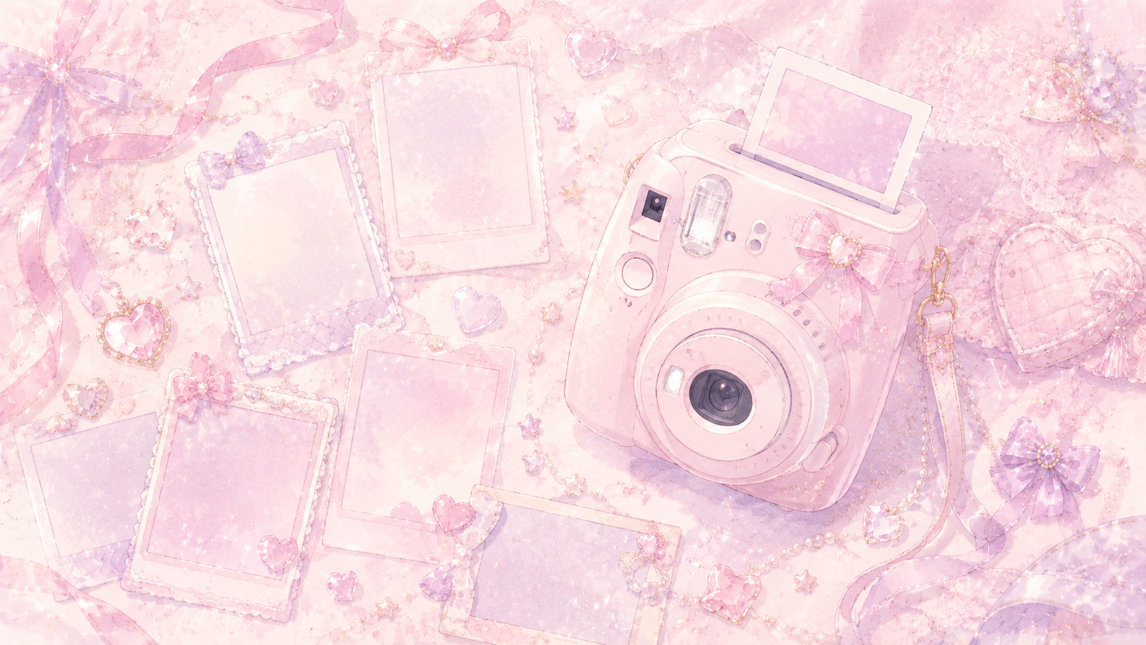 チェキと、何枚かのチェキ風の写真フレーム、ハート、リボン、星
