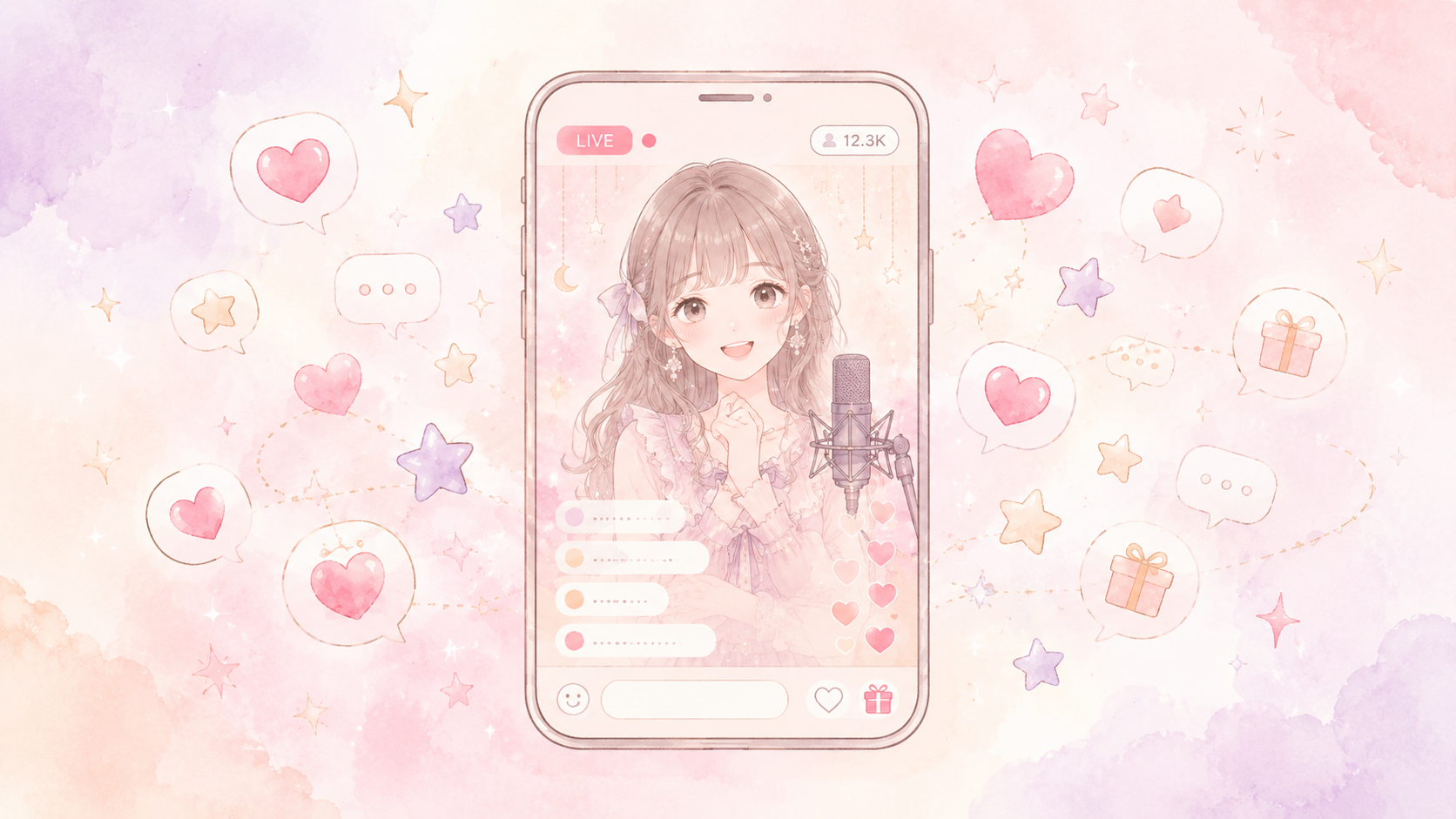 スマートフォンの画面に、ハートや星の投げ銭アイコンがふんわり舞う、ライブ配信を表す可愛いイラスト